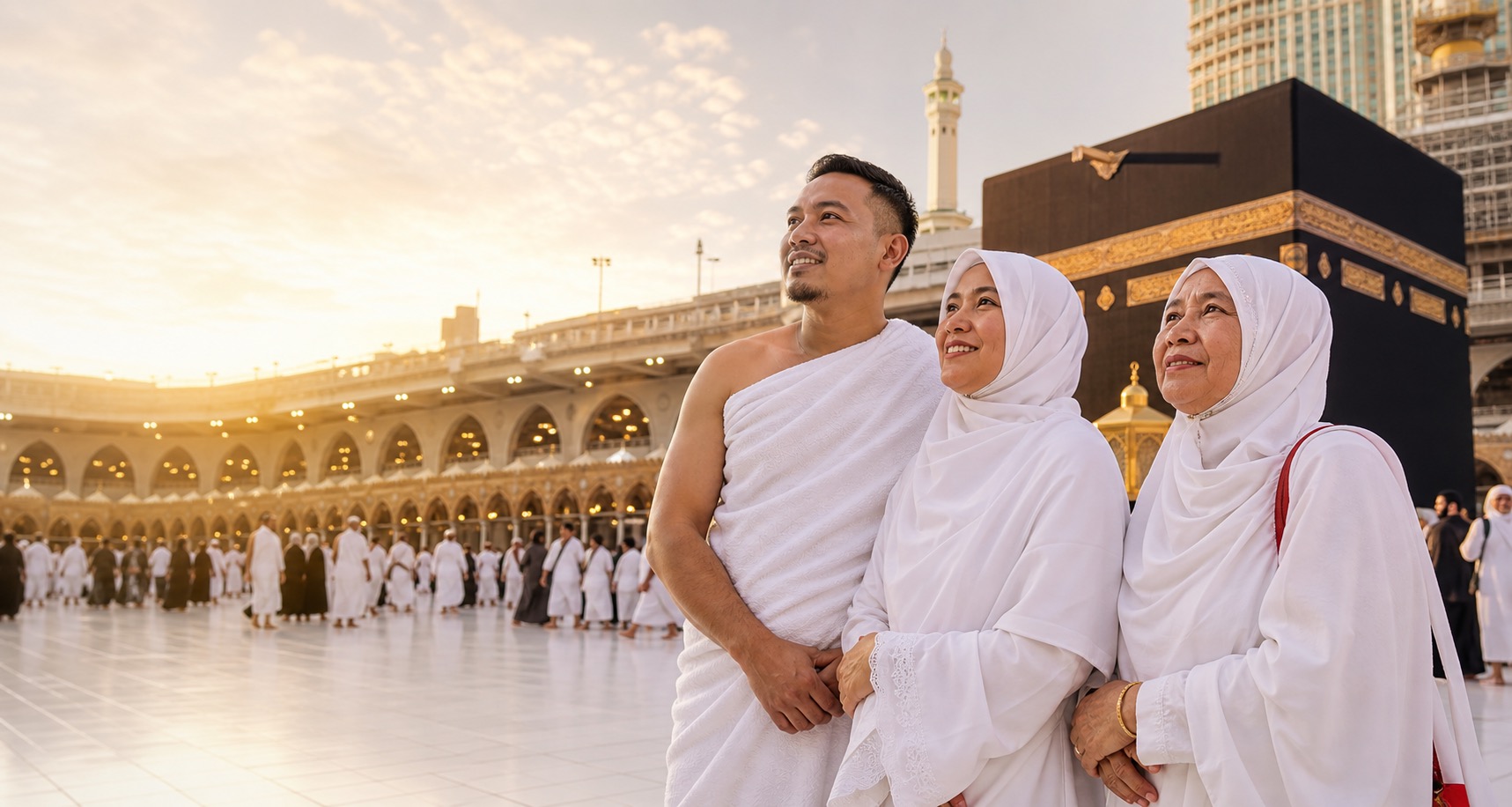 Jamaah umrah dengan suasana Masjidil Haram